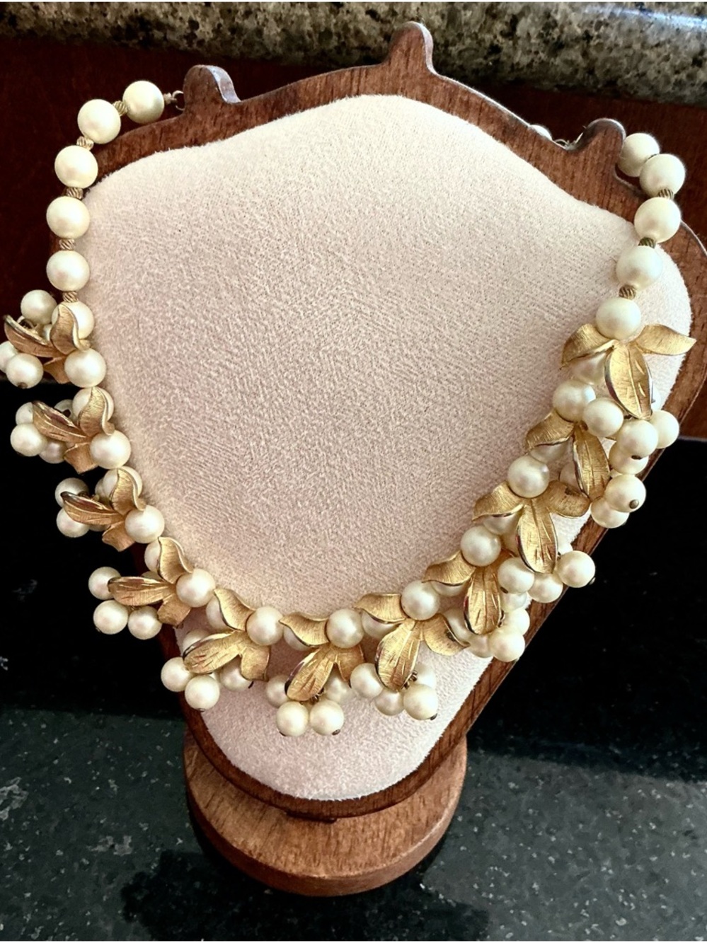 Vintage Trifari Elegant Gold Tone Leaf and Ivory Pearl Statement Necklace
